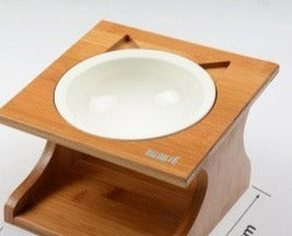 Single Elevated Pet Bowl With Cervical Angle on Solid Wood Stand - InspirationIncluded