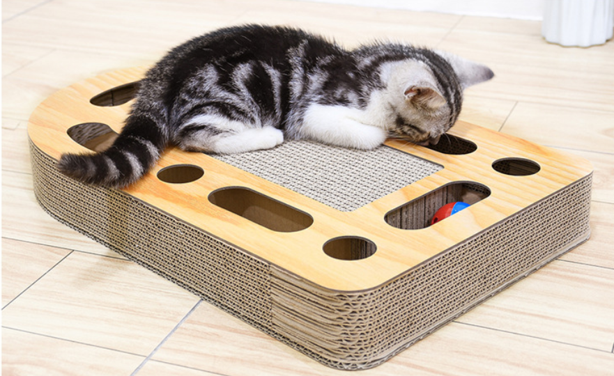 Corrugated Cat Scratch Board With Toy Balls - InspirationIncluded