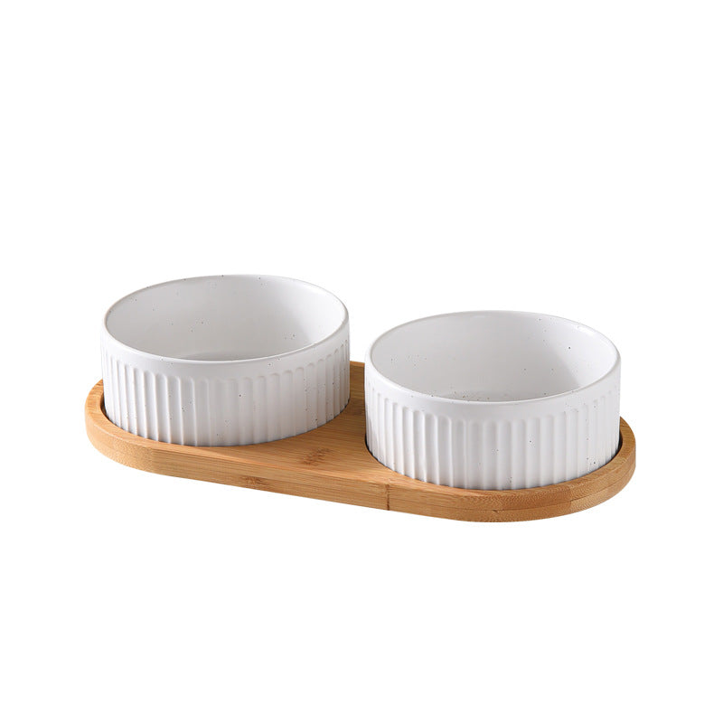 Single, Double or Triple Ceramic Pet Bowls on Wood Base - InspirationIncluded