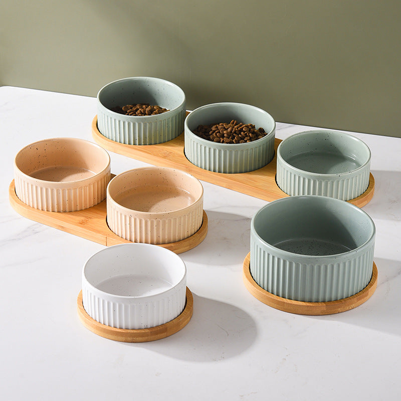 Single, Double or Triple Ceramic Pet Bowls on Wood Base - InspirationIncluded