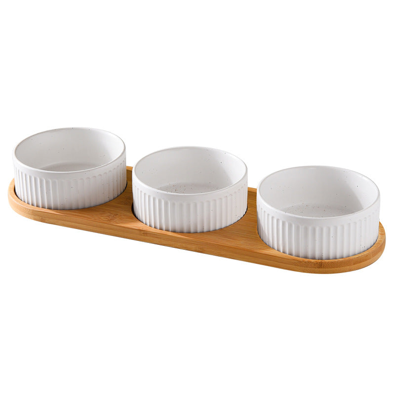 Single, Double or Triple Ceramic Pet Bowls on Wood Base - InspirationIncluded