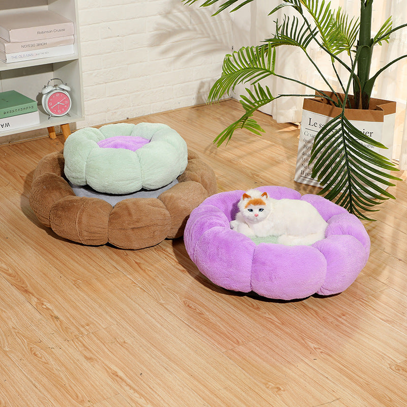 Plush Velvet Thick Round Flower Pet Nest Bed 40-60cm Plush Pet Bed - InspirationIncluded