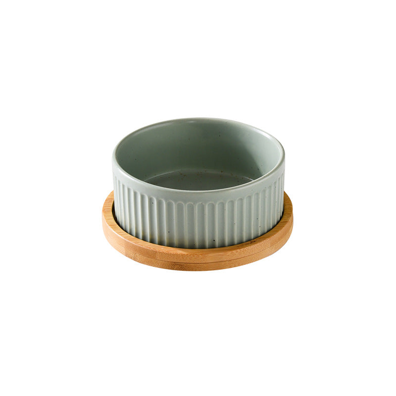 Single, Double or Triple Ceramic Pet Bowls on Wood Base - InspirationIncluded