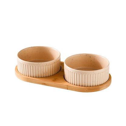 Single, Double or Triple Ceramic Pet Bowls on Wood Base - InspirationIncluded