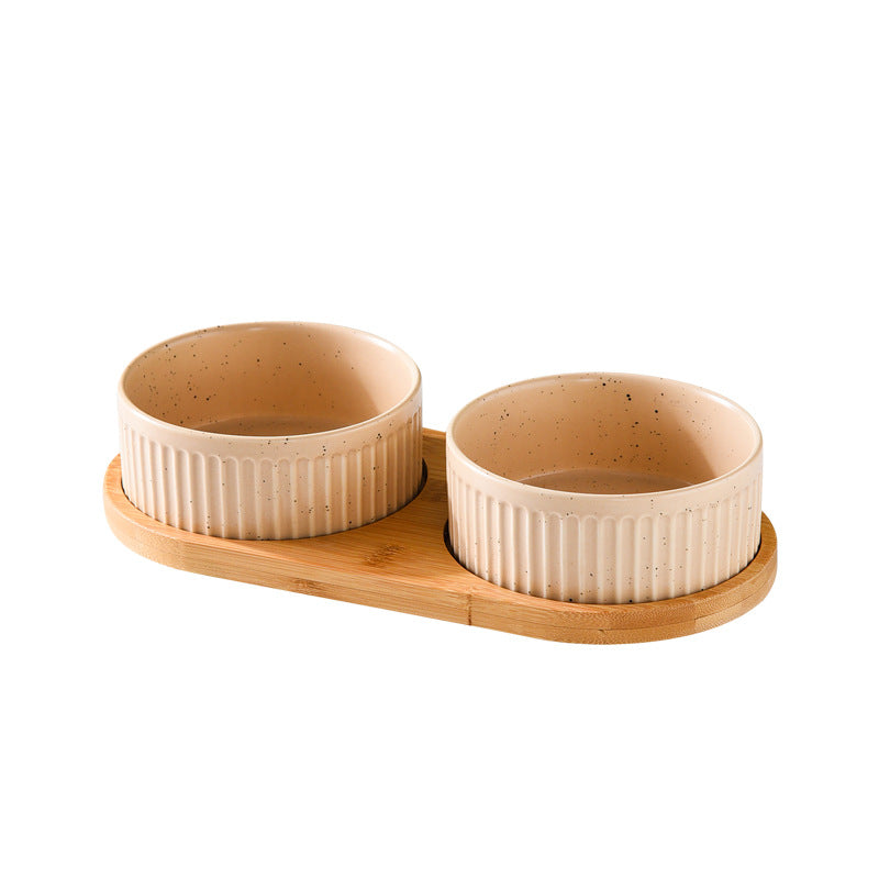 Single, Double or Triple Ceramic Pet Bowls on Wood Base - InspirationIncluded