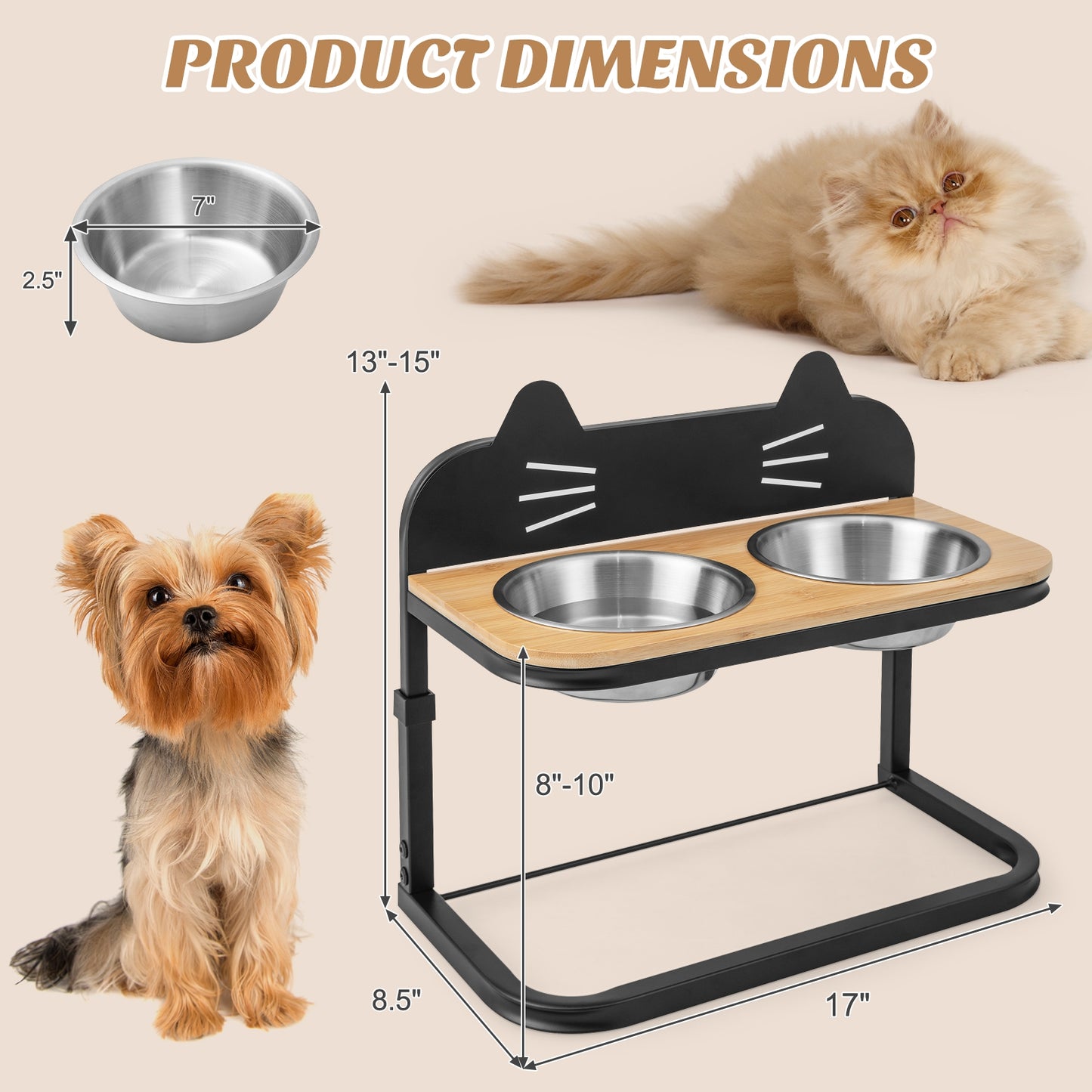 Elevated Kitty Cat Stainless Steel Bowls on Adjustable Stand