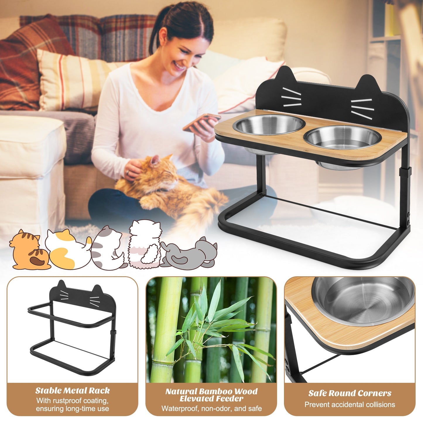 Elevated Kitty Cat Stainless Steel Bowls on Adjustable Stand