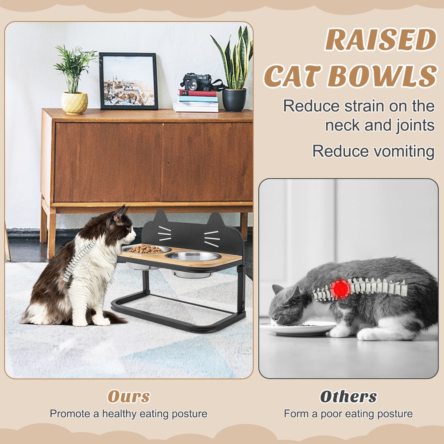 Elevated Kitty Cat Stainless Steel Bowls on Adjustable Stand