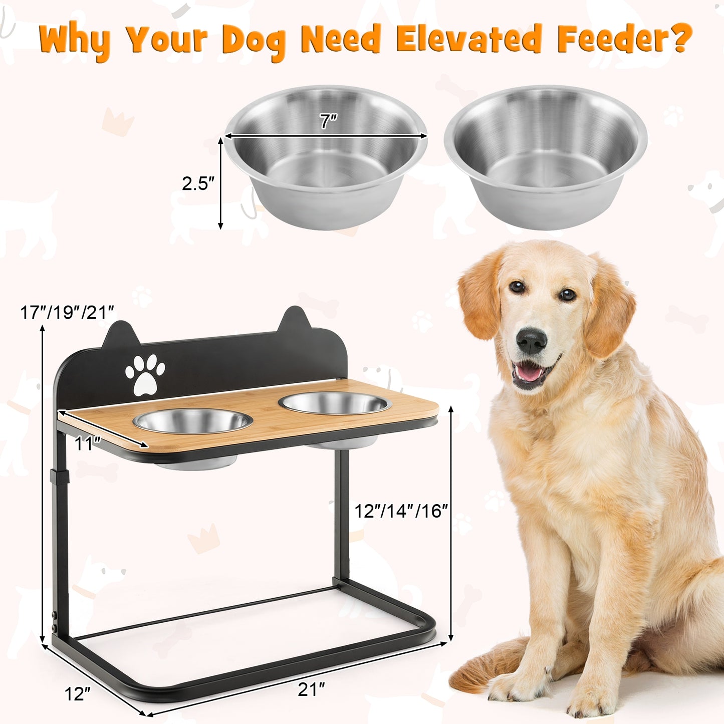 Height Adjustable Dog Bowl Stand with 2 Stainless Steel Bowls