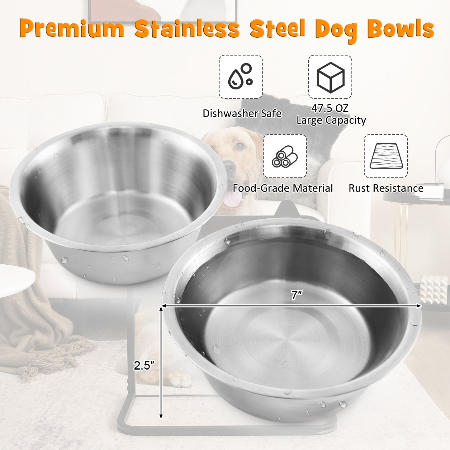 Height Adjustable Dog Bowl Stand with 2 Stainless Steel Bowls