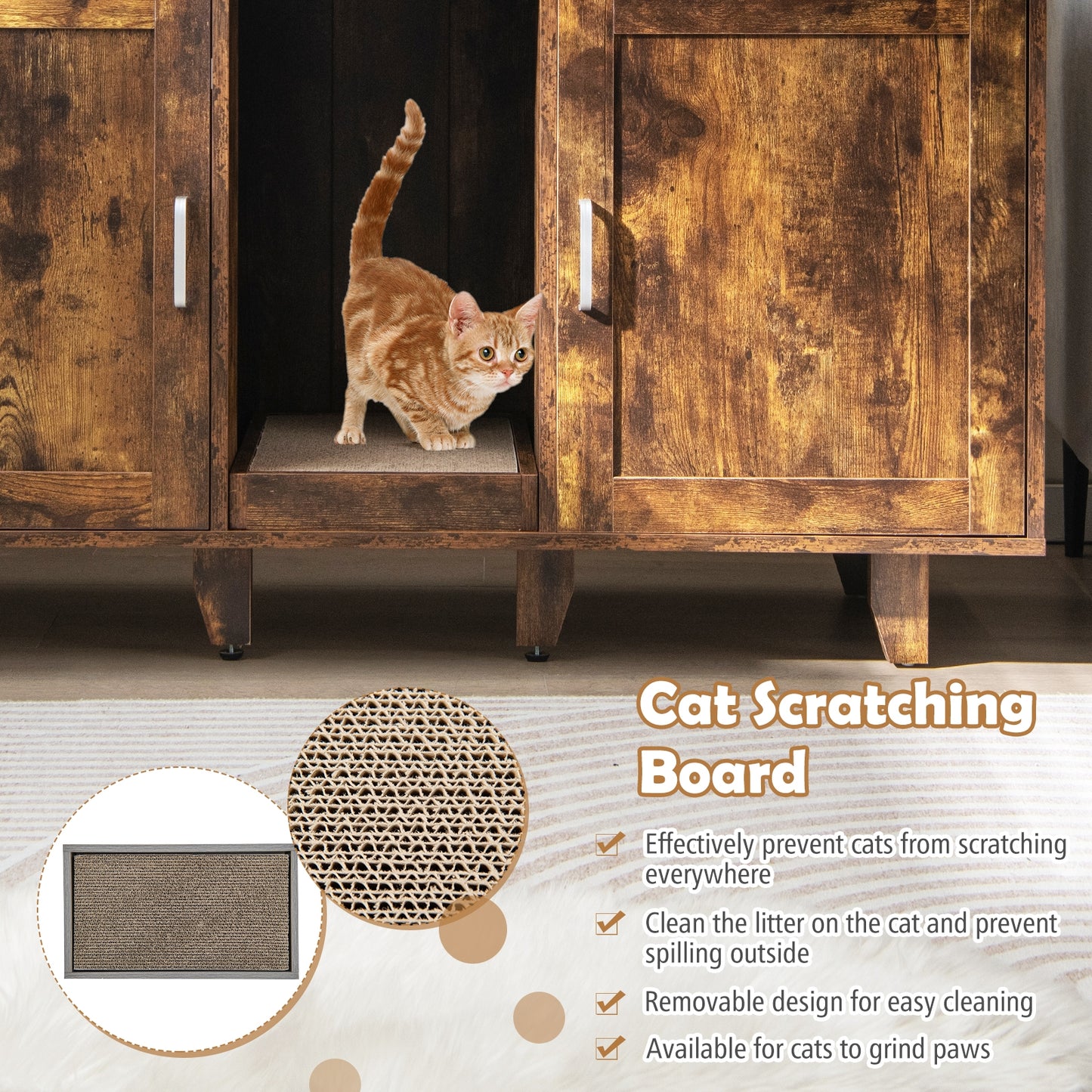 2-Door Cat Litter Box Enclosure with Winding Entry and Scratching Board-Rustic Brown