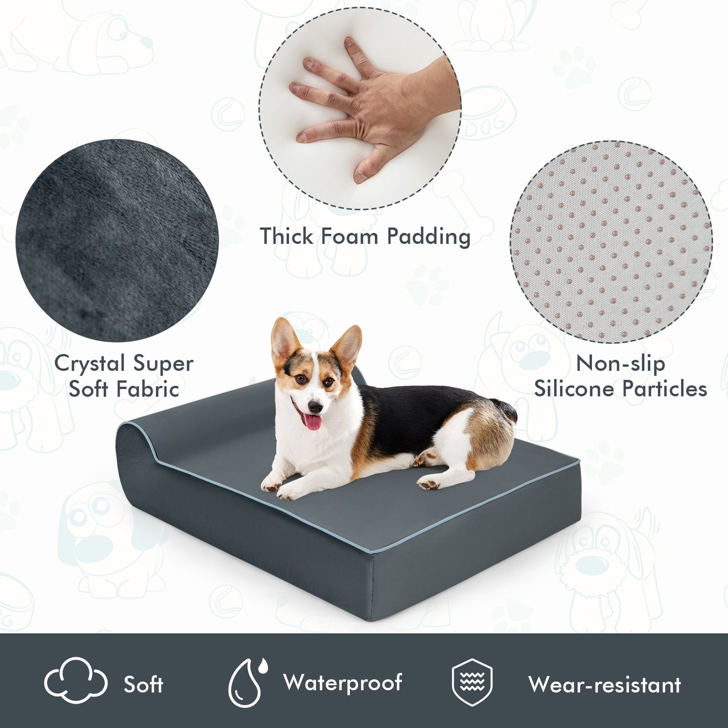 Orthopedic Memory Foam Dog Bed with Removable Washable Cover-Grey